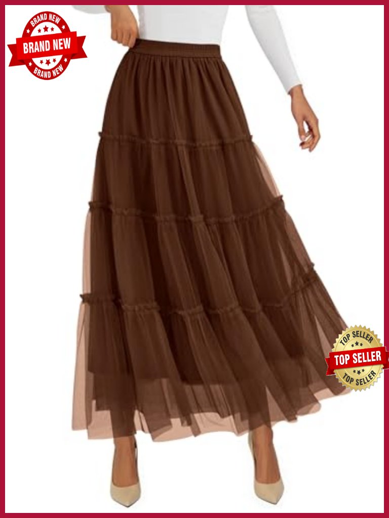 Tulle Skirt Women High Waisted Tiered Flowy A-Line Casual Maxi Long Skirt